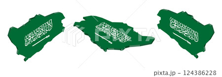 3D isometric illustration map of Saudi Arabia is shown with the national flag as a cover. The illustration includes isometric views from the top, left, and right. 124386228