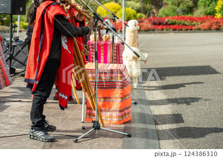 大分県竹田市　秋のくじゅう花公園の園内でペルー音楽を演奏するペルー人のミュージシャン 124386310