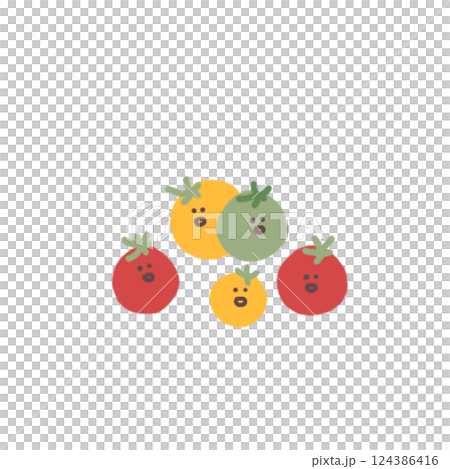 手描きのかわいく並んだニコニコミニトマトのイラスト 124386416
