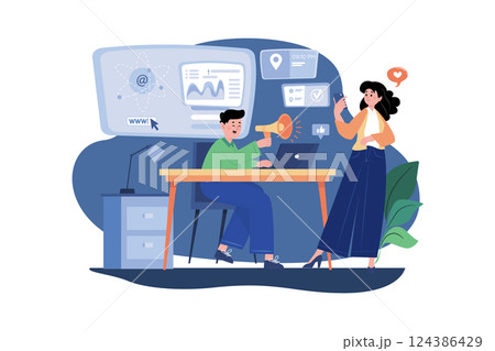 Male And Female Employees Doing Online Marketing Male And Female Employees Doing Online Marketing 124386429