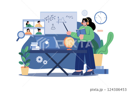 Teacher Teaching Remotely Illustration concept. A flat illustration isolated on white background 124386453
