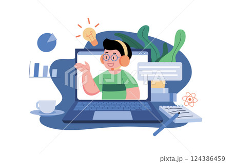 Boy Taking Online Lectures Illustration concept. A flat illustration isolated on white background 124386459