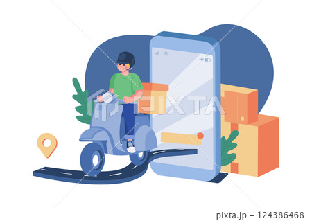 Delivery Man With Red Scooter Out Of A Mobile Phone Delivery Man With Red Scooter Out Of A Mobile Phone 124386468