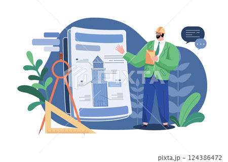 Engineer Analysis Blueprint Of The Construction Site 124386472