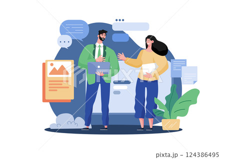 Male And Female Marketing Employees Doing Social Media Marketing 124386495