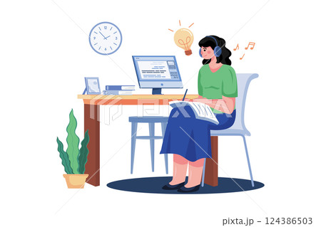 A Girl Listening To Music And Doing Study At On Time A Girl Listening To Music And Doing Study At On Time 124386503