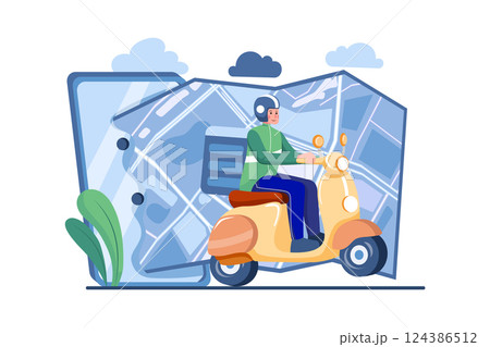 Customers ordering on mobile application,The motorcyclist goes according to the GPS map Customers ordering on mobile application,The motorcyclist goes according to the GPS map 124386512