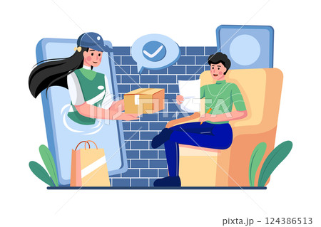 Women receive a package appear from screen phone by courier at home Women receive a package appear from screen phone by courier at home 124386513