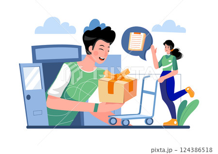 Happy male client receiving order form female courier in red uniform 124386518