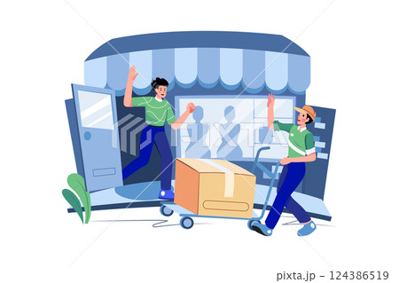 Delivery man pushes hand truck trolley full of cardboard boxes hands package to a customer. 124386519