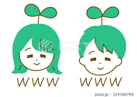 草生えちゃった男女の顔のイラスト　ゆるかわポップなイラスト 124386709