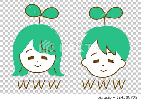 草生えちゃった男女の顔のイラスト　ゆるかわポップなイラスト 124386709