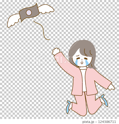 Illustration of a sad woman reaching out her hand and money running away 124386711