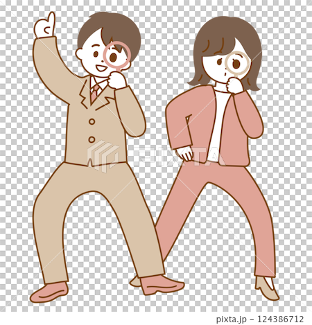 男性和女性商人拿著放大鏡的插圖。流行又可愛的插圖。 124386712