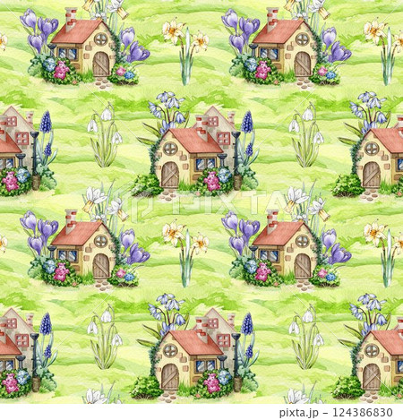 Springtime mood seamless pattern floral decor element. Hand drawn watercolor illustration. Small cute houses decorated with primrose flowers, daffodils, snowdrops on green lush grassy background 124386830