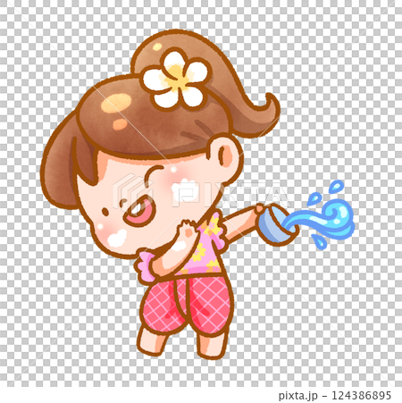 Cheerful Child Playing with Water Festive Handdrawn 124386895