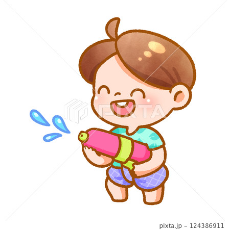 Cheerful Child Playing with Water Festive Handdrawn 124386911