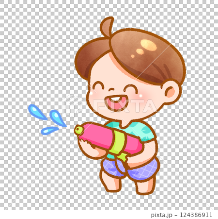 Cheerful Child Playing with Water Festive Handdrawn 124386911