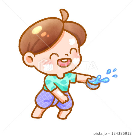 Cheerful Child Playing with Water Festive Handdrawn 124386912