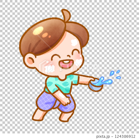 Cheerful Child Playing with Water Festive Handdrawn 124386912