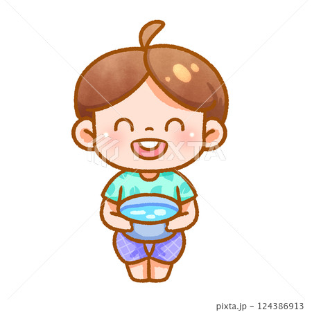 Cheerful Child Playing with Water Festive Handdrawn 124386913