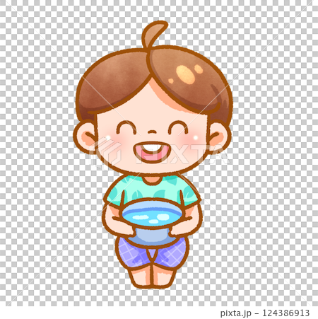 Cheerful Child Playing with Water Festive Handdrawn 124386913