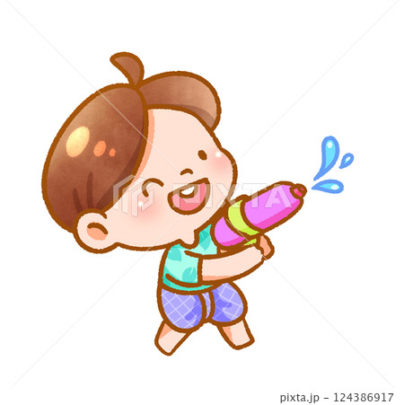 Cheerful Child Playing with Water Festive Handdrawn 124386917