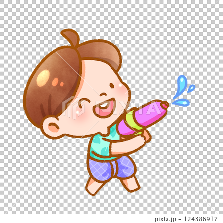 Cheerful Child Playing with Water Festive Handdrawn 124386917