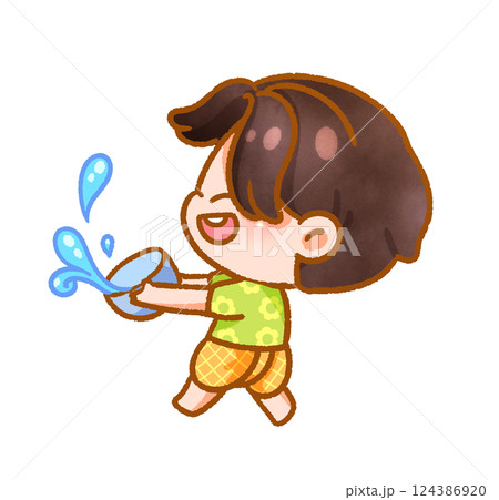 Cheerful Child Playing with Water Festive Handdrawn 124386920