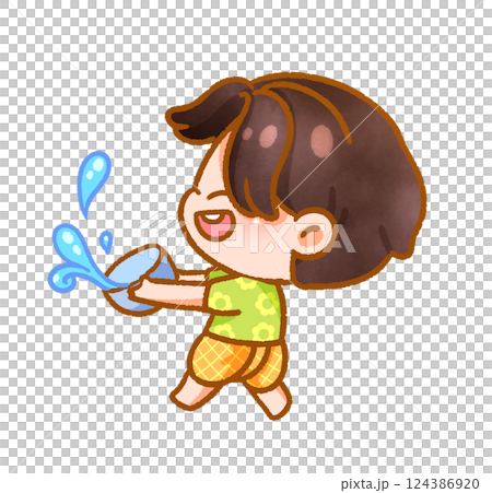Cheerful Child Playing with Water Festive Handdrawn 124386920
