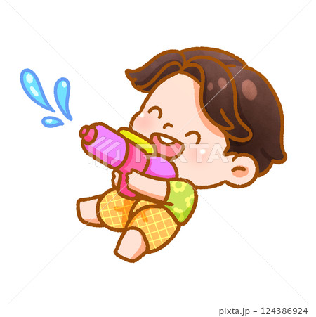 Cheerful Child Playing with Water Festive Handdrawn 124386924