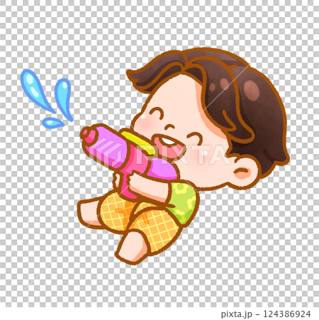Cheerful Child Playing with Water Festive Handdrawn 124386924