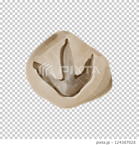dinosaur footprint on stone. prehistoric fossil. find at excavation. paleontology. historical artifact. Watercolor illustration isolated from background. hand drawing. High quality illustration 124387028