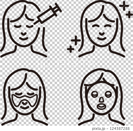 美容　肌　医療　治療　美容医療　人物　女性　ラインアイコン　線　シンプル　イラスト素材セット 124387288