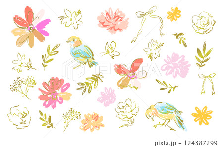 ゴールドのラインをあしらった手描きのカーネーション、草花、鳥、蝶、リボンのベクターイラストセット 124387299