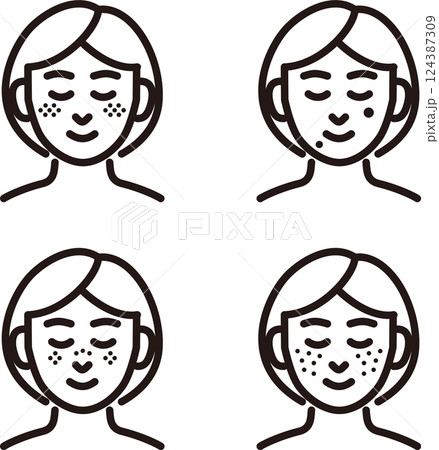 美容　肌　シミ　医療　治療　美容医療　人物　女性　ラインアイコン　線　シンプル　イラスト素材セット 124387309