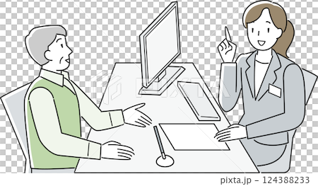 窓口で相談するシニア男性と応対する女性職員 窓口で相談するシニア男性と応対する女性職員 124388233