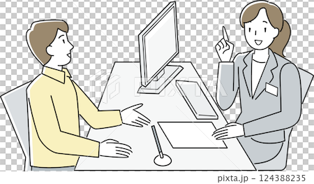 A man consulting at the counter and a female staff member assisting him 124388235