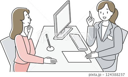 窓口で相談する女性と応対する女性職員 124388237