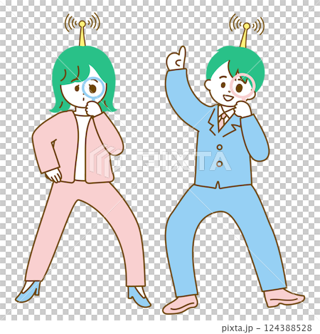 Illustration of male and female business people trying to get information by putting up an antenna Illustration of male and female business people trying to get information by putting up an antenna 124388528