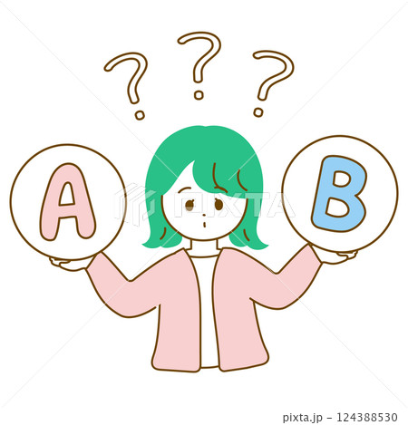 AとBで迷っている女性の上半身イラスト ポップなカラー AとBで迷っている女性の上半身イラスト ポップなカラー 124388530