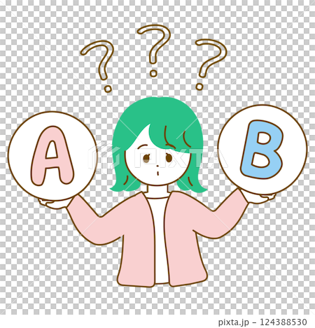 AとBで迷っている女性の上半身イラスト ポップなカラー AとBで迷っている女性の上半身イラスト ポップなカラー 124388530