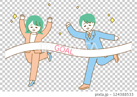Illustration of a male and female businessman crossing the finish line - Pop illustration 124388533