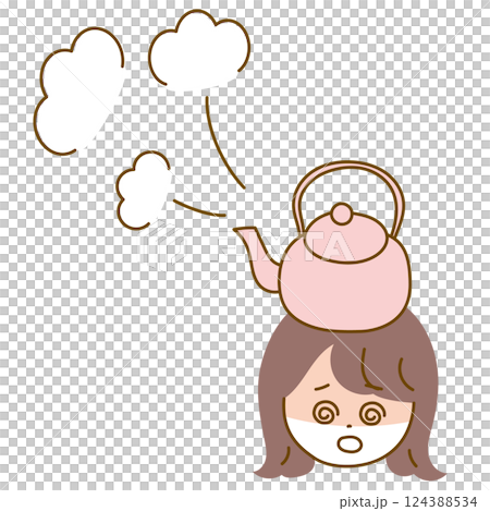 Illustration of a girl panicking so much that the kettle on her head boils 124388534