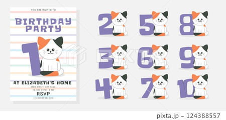 Greeting and invitation card for kids Birthday party. Cute baby cat and set of number with kitten in flat childrens style. Vector illustration, design for card, poster, banner Greeting and invitation card for kids Birthday party. Cute baby cat and set of number with kitten in flat childrens style. Vector illustration, design for card, poster, banner 124388557