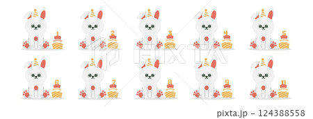 Cute rabbit character in hat, cake with number vector set. Beautiful elements for Kids Birthday Party invitation, greeting card, poster, event, prints and cake toppers design 124388558