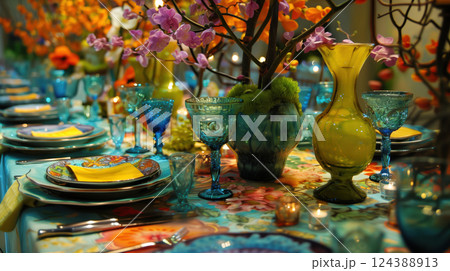 A beautifully arranged wedding reception table with pastel floral centerpieces, elegant glassware, and soft candlelight, creating a romantic atmosphere. 124388913