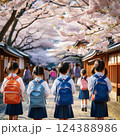 桜の下、登下校する学生 124388986