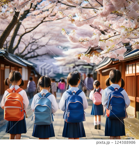 桜の下、登下校する学生 124388986