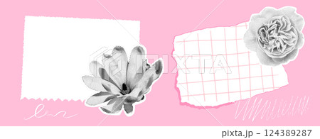 Memo collage, torn edges, blank notes, and magazine cutout flowers. Vector template for journaling, scrapbooking, and planners. 124389287